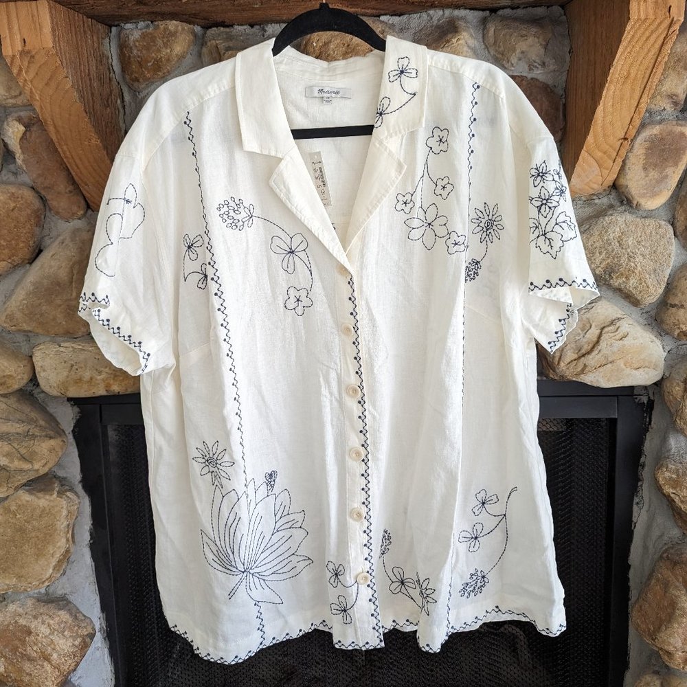Madewell Plus Embroidered Linen-Blend Camp shirt